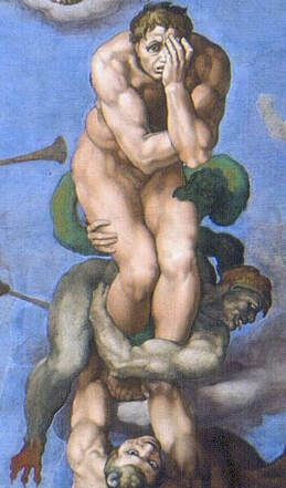 Detail of the Damned Man in The Last Judgment by Michelangelo in the Vatican Museums in Rome