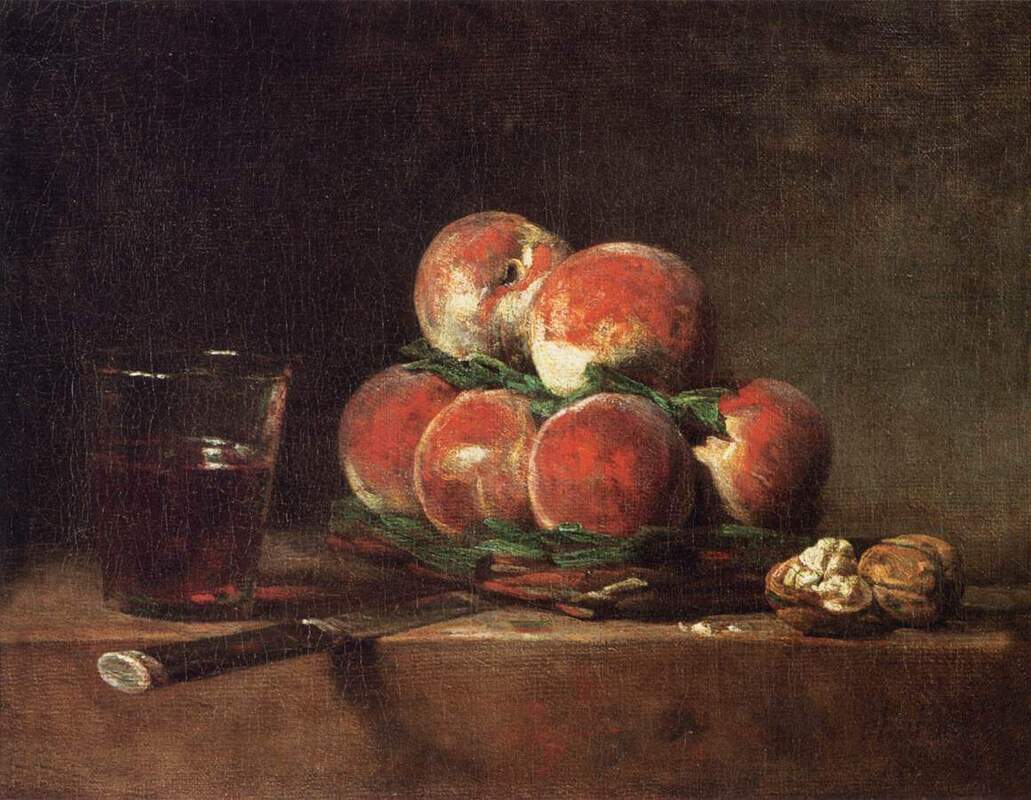 Basket of Peaches, with Walnuts, Knife and Glass of Wine (1768) by Jean-Baptiste-Simeon Chardin