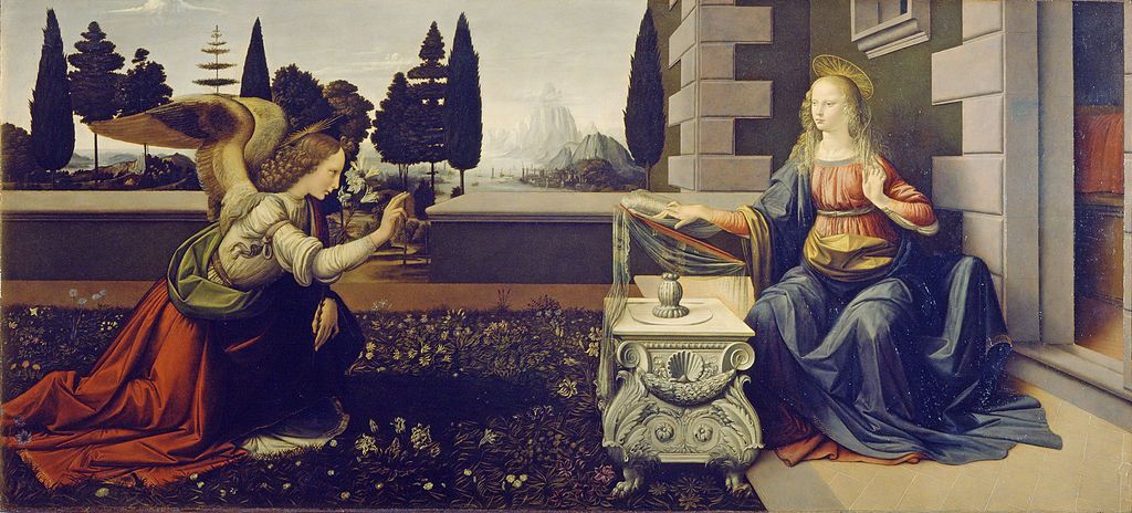 The Annunciation by Leonardo da Vinci﻿ and Andrea del Verrocchio in the Uffizi Museum in Florence
