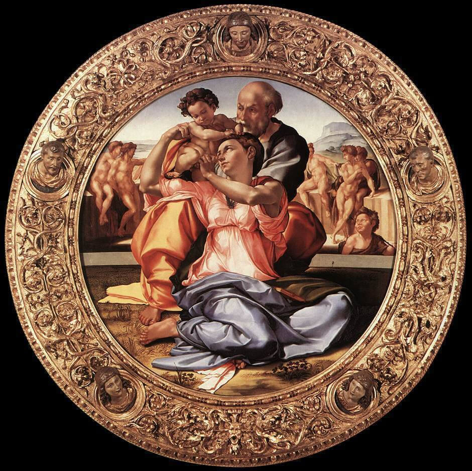 Doni Tondo with frame by Michelangelo in the Uffizi Museum in Florence