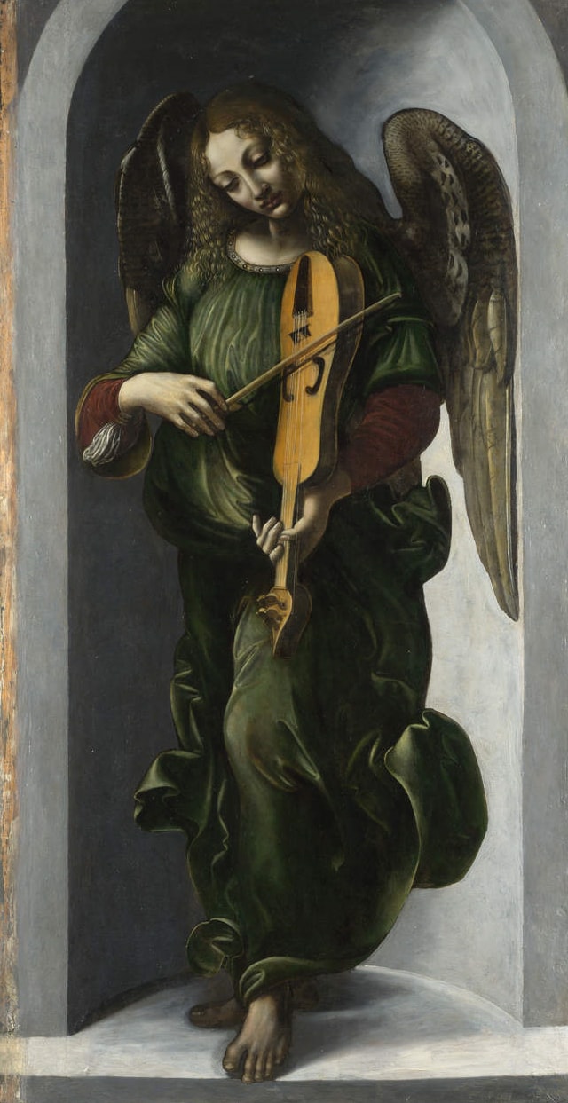 An Angel in Green with a Vielle painted by an associate of Leonardo, possibly Francesco Napoletano