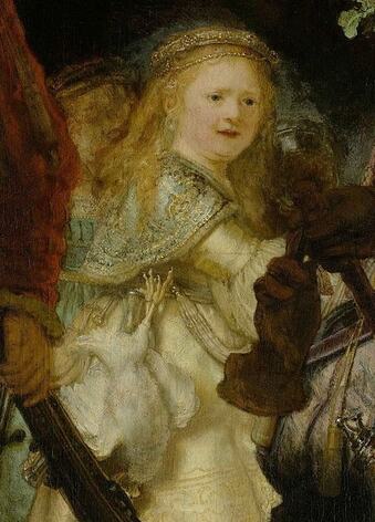 Detail of a young girl in The Night Watch by Rembrandt in the Rijksmuseum in Amsterdam