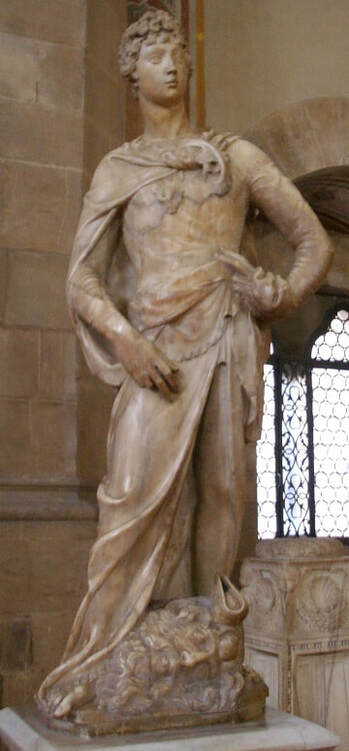 Statue of David in marble by Donatello in the Bargello Museum in Florence