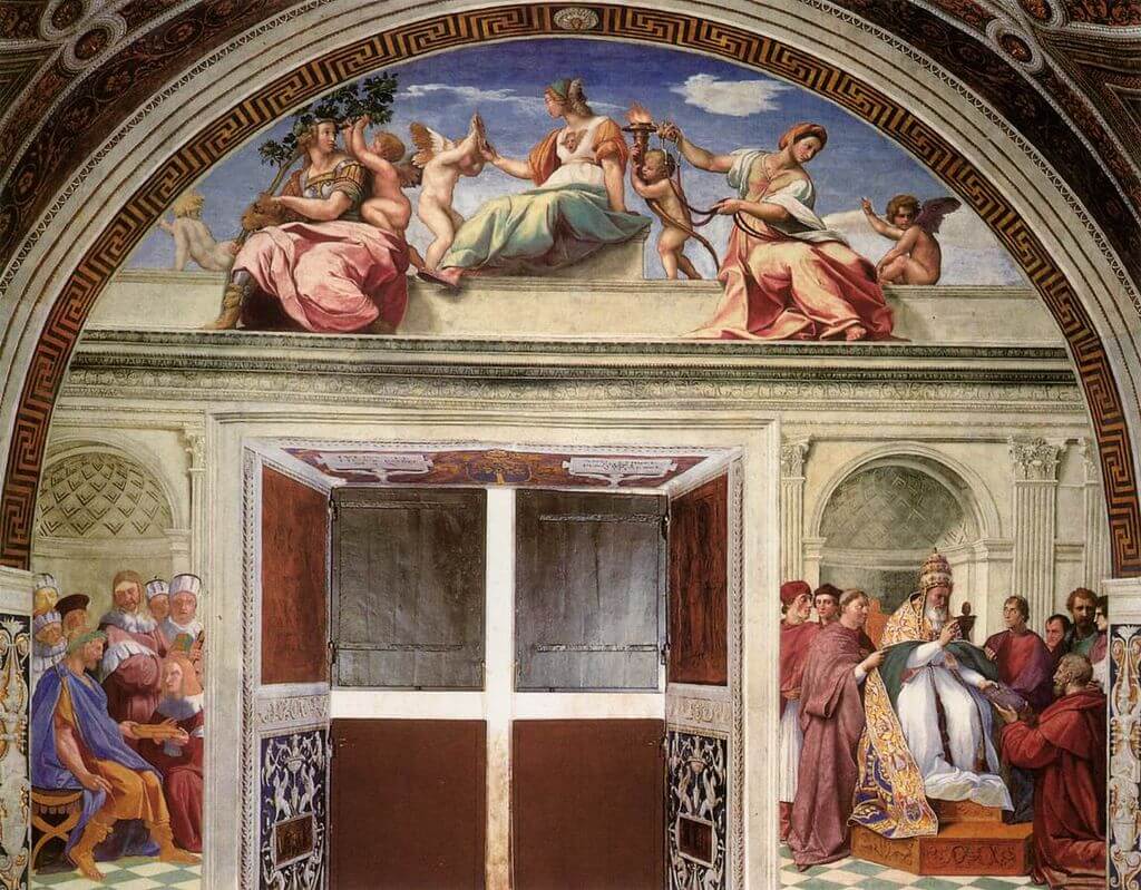 Cardinal and Theological Values by Raphael in the Stanza della Segnatura in the Vatican Museums in Rome