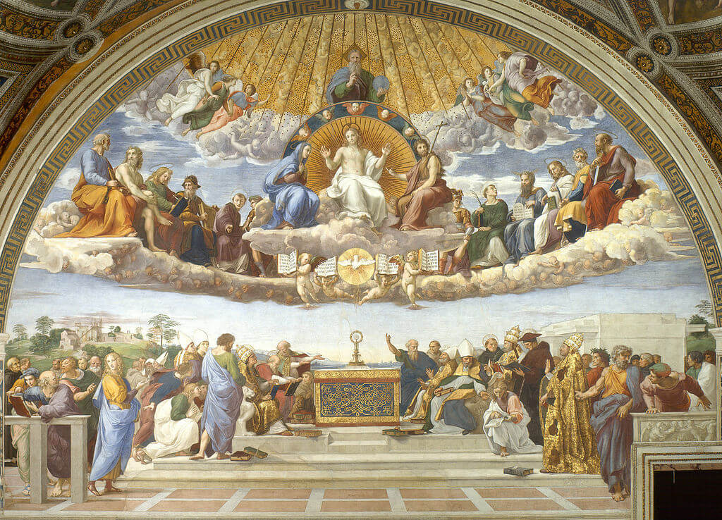 Disputation of the Holy Sacrament by Raphael in the Stanza della Segnatura in the Vatican Museums in Rome
