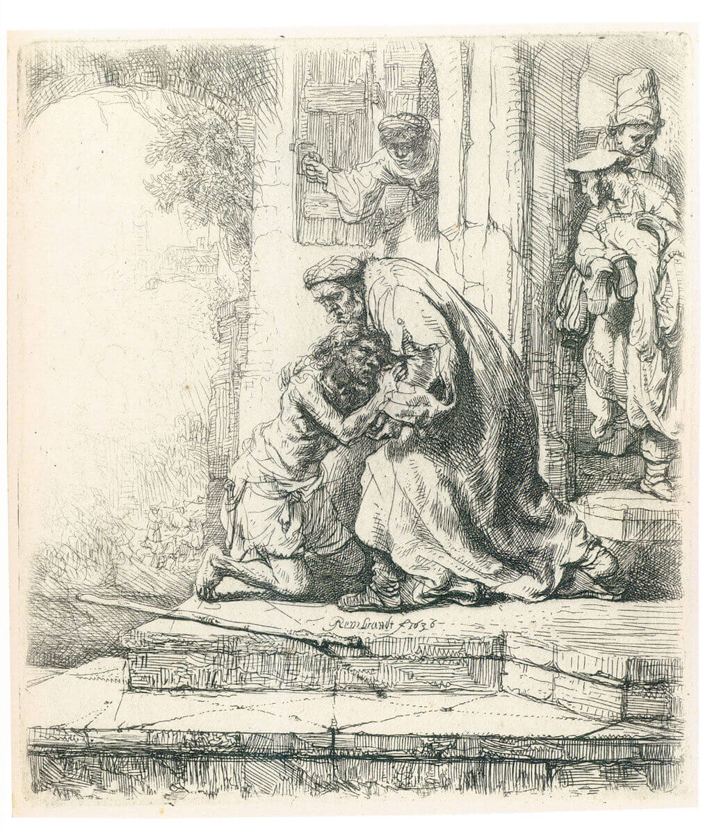 1636 etching by Rembrandt on The Return of the Prodigal Son